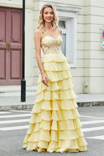 Gorgeous A Line Sweetheart Yellow Corset Formal Dress with Appliques Ruffles