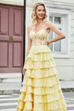 Gorgeous A Line Sweetheart Yellow Corset Formal Dress with Appliques Ruffles