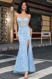 Stylish Mermaid Sweetheart Light Blue Corset Formal Dress with Appliques