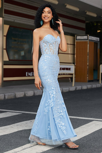Stylish Mermaid Sweetheart Light Blue Corset Formal Dress with Appliques
