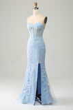 Light Blue Mermaid Sweetheart Corset Appliques Formal Dress With Side Slit