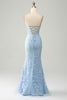 Load image into Gallery viewer, Light Blue Mermaid Sweetheart Corset Appliques Formal Dress With Side Slit