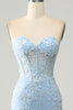 Load image into Gallery viewer, Light Blue Mermaid Sweetheart Corset Appliques Formal Dress With Side Slit