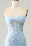 Light Blue Mermaid Sweetheart Corset Appliques Formal Dress With Side Slit