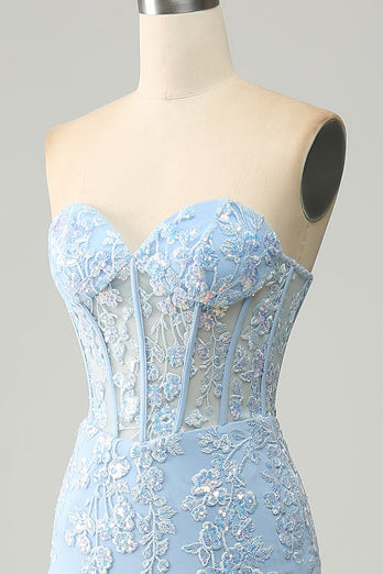 Light Blue Mermaid Sweetheart Corset Appliques Formal Dress With Side Slit