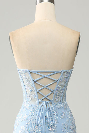 Light Blue Mermaid Sweetheart Corset Appliques Formal Dress With Side Slit