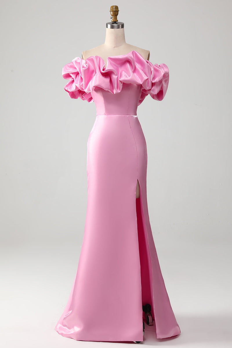 Load image into Gallery viewer, Mermaid Off the Shoulder Pink Formal Dress with Ruffles