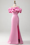 Mermaid Off the Shoulder Pink Formal Dress with Ruffles