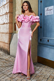 Stylish Mermaid Off the Shoulder Pink Long Formal Dress with Silt