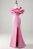 Mermaid Off the Shoulder Pink Formal Dress with Ruffles