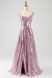 Stunning A Line Spaghetti Straps Pink Long Formal Dress with Split Front