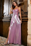 Sparkly A Line Spaghetti Straps Pink Long Formal Dress with Split Front