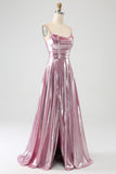 Stunning A Line Spaghetti Straps Pink Long Formal Dress with Split Front