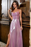 Sparkly A Line Spaghetti Straps Pink Long Formal Dress with Split Front