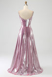 Stunning A Line Spaghetti Straps Pink Long Formal Dress with Split Front