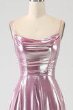 Stunning A Line Spaghetti Straps Pink Long Formal Dress with Split Front