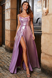 Sparkly A Line Spaghetti Straps Pink Long Formal Dress with Split Front