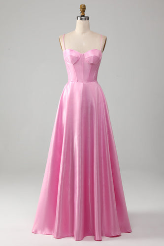 A-Line Spaghetti Straps Corset Pink Formal Dress