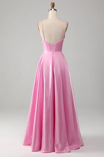 A-Line Spaghetti Straps Corset Pink Formal Dress