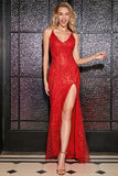 Sparkly Mermaid Spaghetti Straps Red Sequins Long Formal Dress with Criss Cross Back