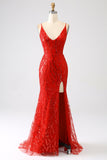 Glitter Red Mermaid Long Sequins Formal Dress with Slit