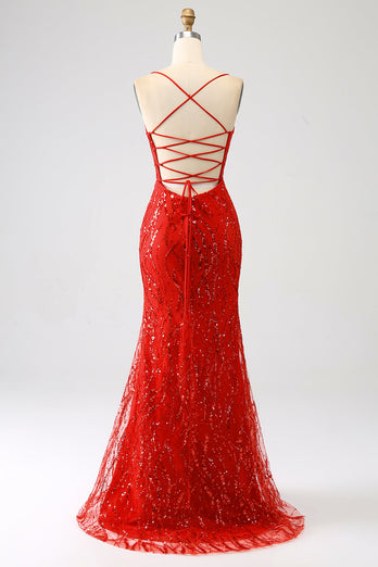Glitter Red Mermaid Long Sequins Formal Dress with Slit