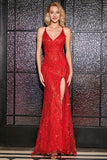 Sparkly Mermaid Spaghetti Straps Red Sequins Long Formal Dress with Criss Cross Back