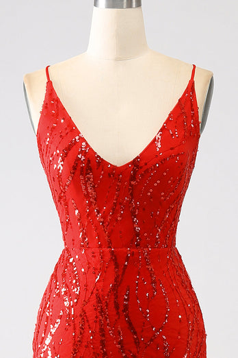 Glitter Red Mermaid Long Sequins Formal Dress with Slit