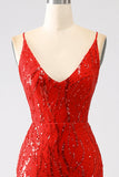 Glitter Red Mermaid Long Sequins Formal Dress with Slit