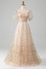 Load image into Gallery viewer, Champagne A-Line Floral Print Pleated Tiered Formal Dress With Puff Sleeves