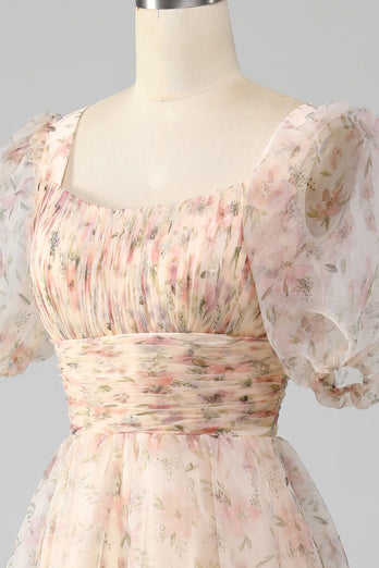 Champagne A-Line Floral Print Pleated Tiered Formal Dress With Puff Sleeves