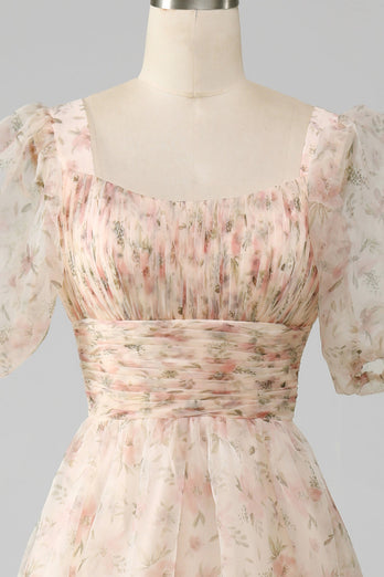Champagne A-Line Floral Print Pleated Tiered Formal Dress With Puff Sleeves