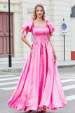 Princess A Line Square Neck Hot Pink Long Formal Dress with Puff Sleeves