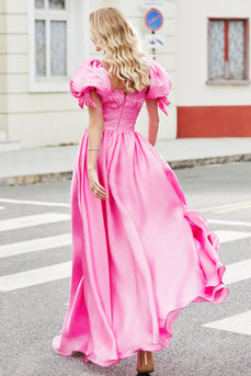 Princess A Line Square Neck Hot Pink Long Formal Dress with Puff Sleeves