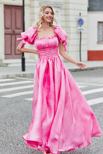 Princess A Line Square Neck Hot Pink Long Formal Dress with Puff Sleeves