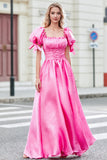 Princess A Line Square Neck Hot Pink Long Formal Dress with Puff Sleeves