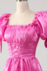Load image into Gallery viewer, Puff Sleeves Hot Pink Formal Dress with Ruffles