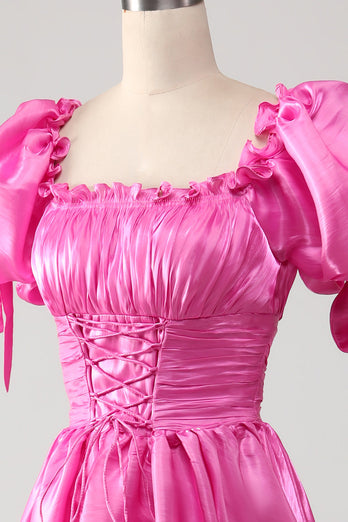 Puff Sleeves Hot Pink Formal Dress with Ruffles
