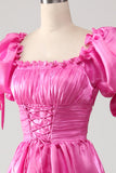 Puff Sleeves Hot Pink Formal Dress with Ruffles