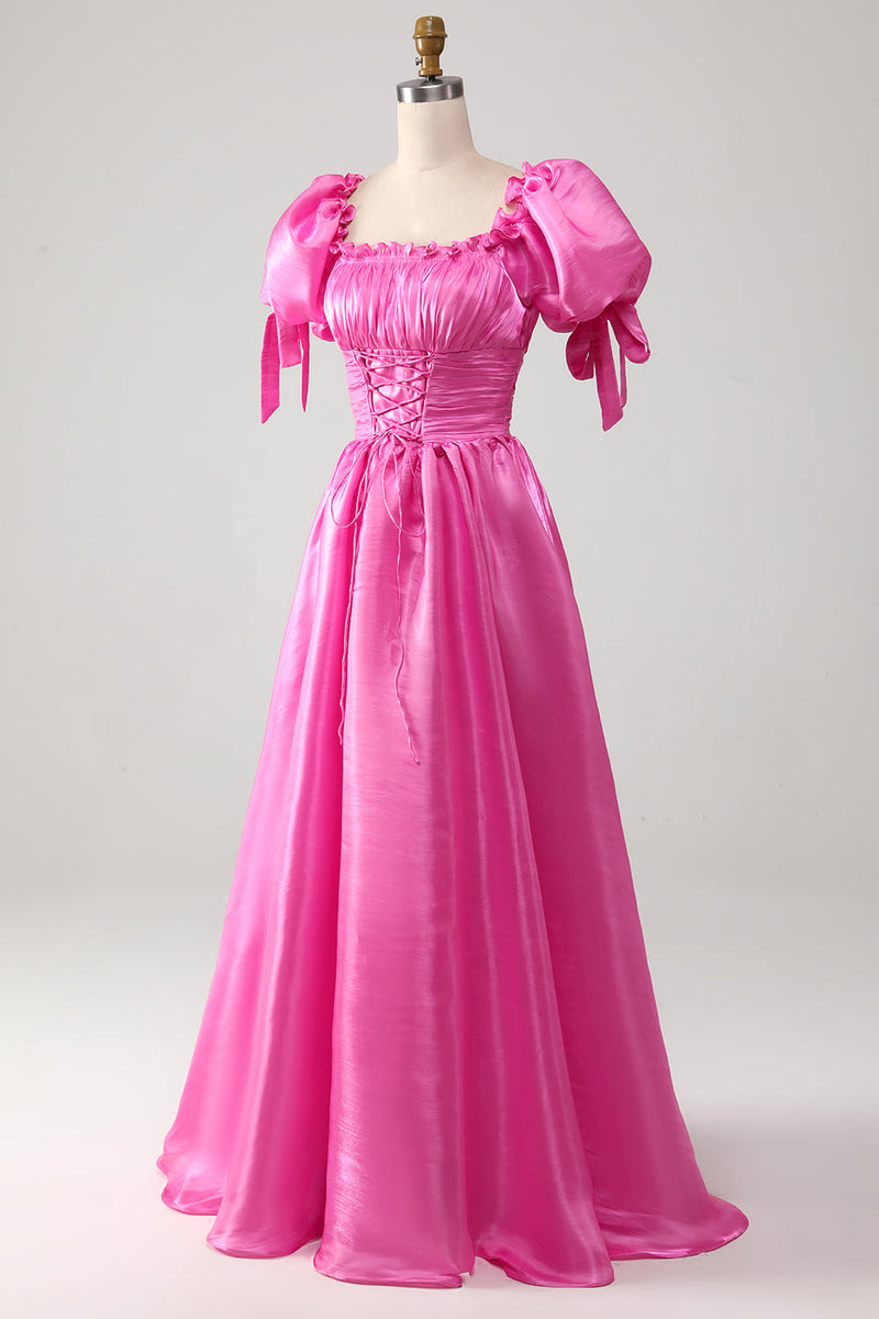 Load image into Gallery viewer, Puff Sleeves Hot Pink Formal Dress with Ruffles