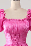 Puff Sleeves Hot Pink Formal Dress with Ruffles