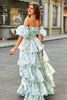 Load image into Gallery viewer, A Line Square Neck Light Blue Tiered Floral Long Formal Dress with Ruffles
