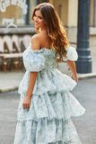 A Line Square Neck Light Blue Tiered Floral Long Formal Dress with Ruffles