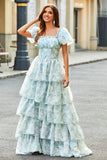 A Line Square Neck Light Blue Tiered Floral Long Formal Dress with Ruffles