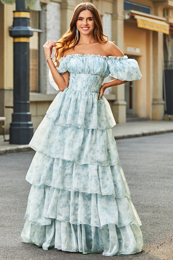 A Line Square Neck Light Blue Tiered Floral Long Formal Dress with Ruffles