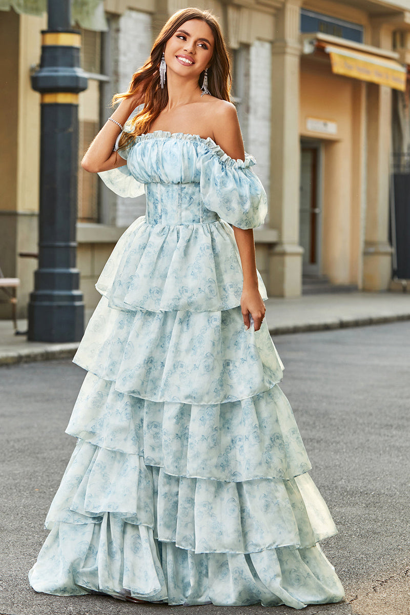 Load image into Gallery viewer, A Line Square Neck Light Blue Tiered Floral Long Formal Dress with Ruffles