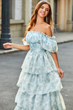 A Line Square Neck Light Blue Tiered Floral Long Formal Dress with Ruffles