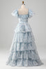 Load image into Gallery viewer, Light Blue Tiered Corset Floral Long Formal Dress