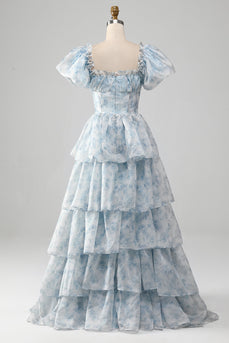 Light Blue Tiered Corset Floral Long Formal Dress