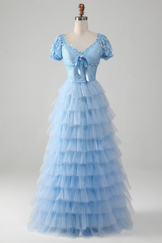 Tulle Sky Blue Tiered Formal Dress with Lace